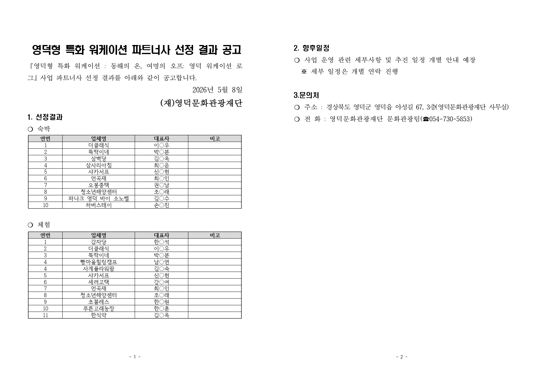 「2026 영덕형 특화 워케이션 사업」 파트너사 선정 결과 공고1