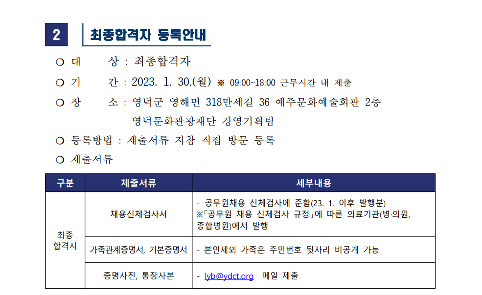 재단법인 영덕문화관광재단 직원 채용 최종합격자 공고(경영기획팀)2