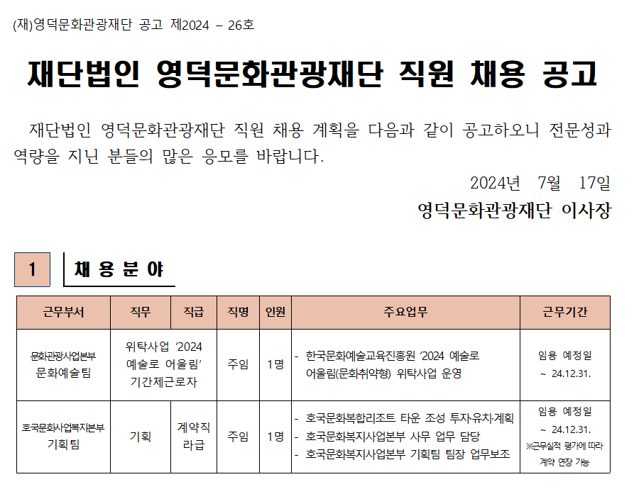 2024년 재단법인 영덕문화관광재단 제4차 직원 채용 공고1