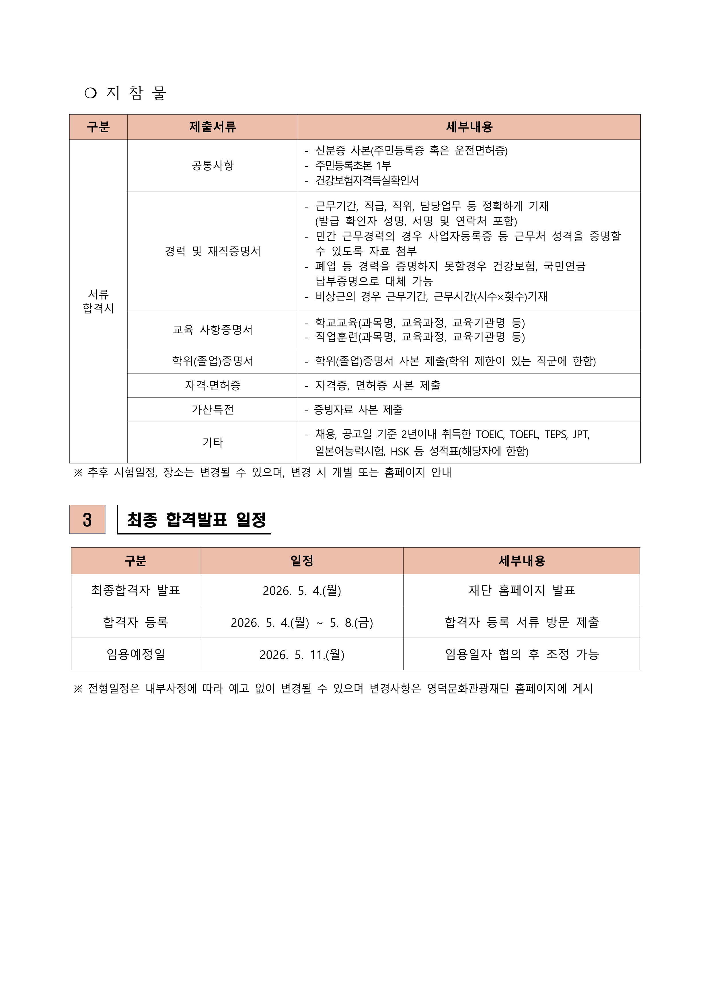 2026년 재단법인 영덕문화관광재단 제3차 직원 채용 재공고 서류합격자 발표 및 면접시험 공고2