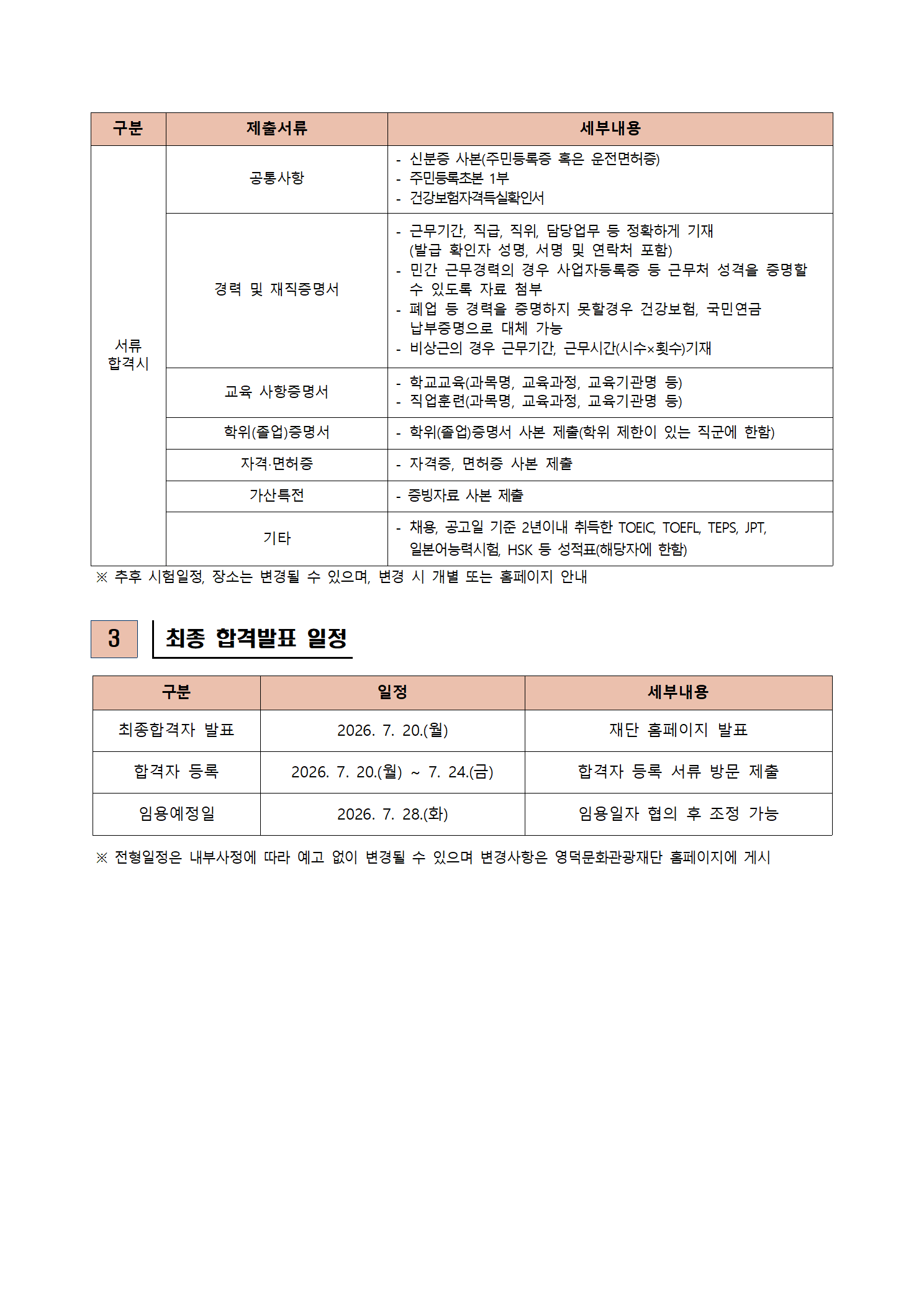 2026년 재단법인 영덕문화관광재단 제5차 직원 채용 공고 서류합격자 발표 및 면접시험 공고2