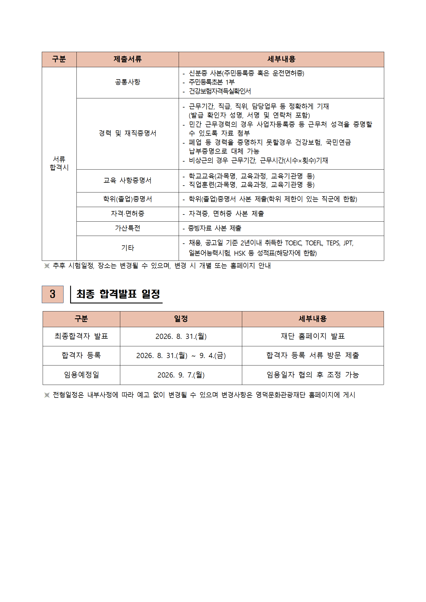 2026년 재단법인 영덕문화관광재단 제7차 직원 채용 공고 서류합격자 발표 및 면접시험 공고2
